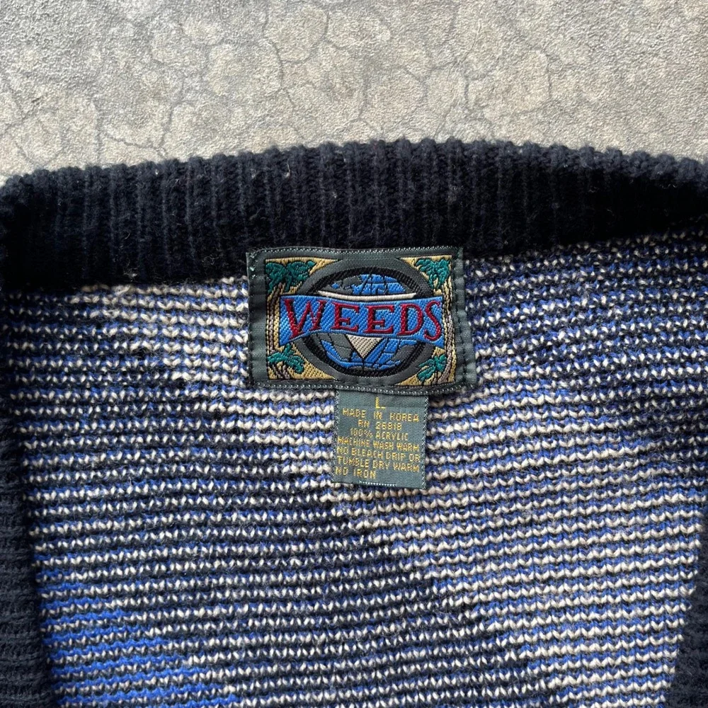 Vintage Weeds Mens Large Diagonal Stripe Cardigan Sweater Blue Black Cream Knit